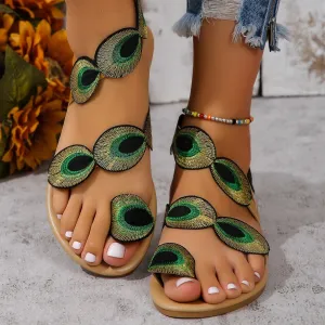 Peacock Feather Design Flat Sandals with Unique Open-Toe Style