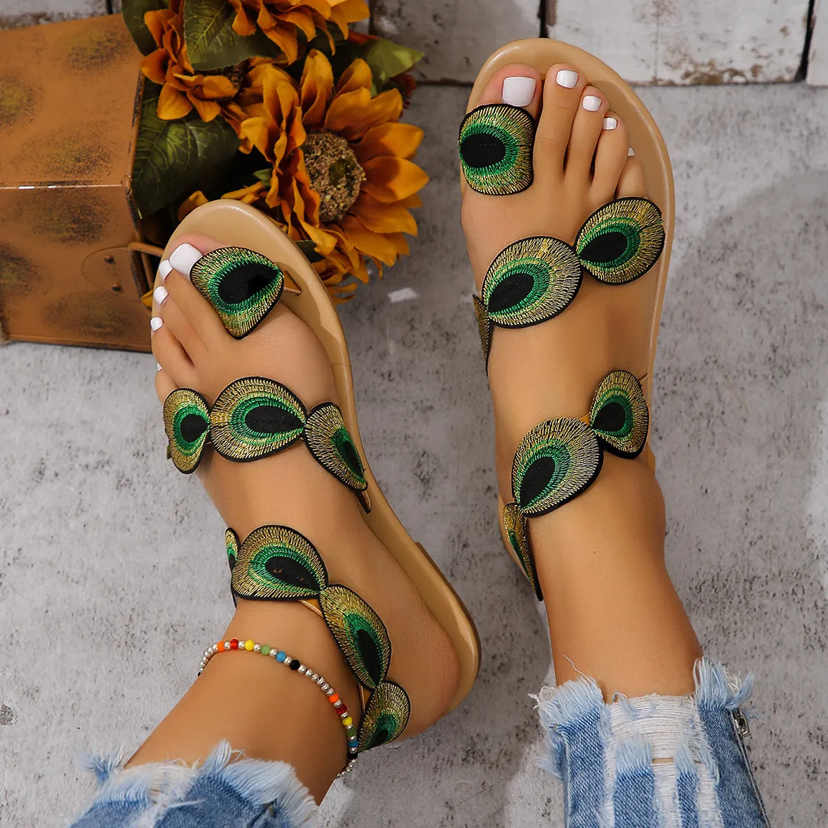 Peacock Feather Design Flat Sandals with Unique Open-Toe Style