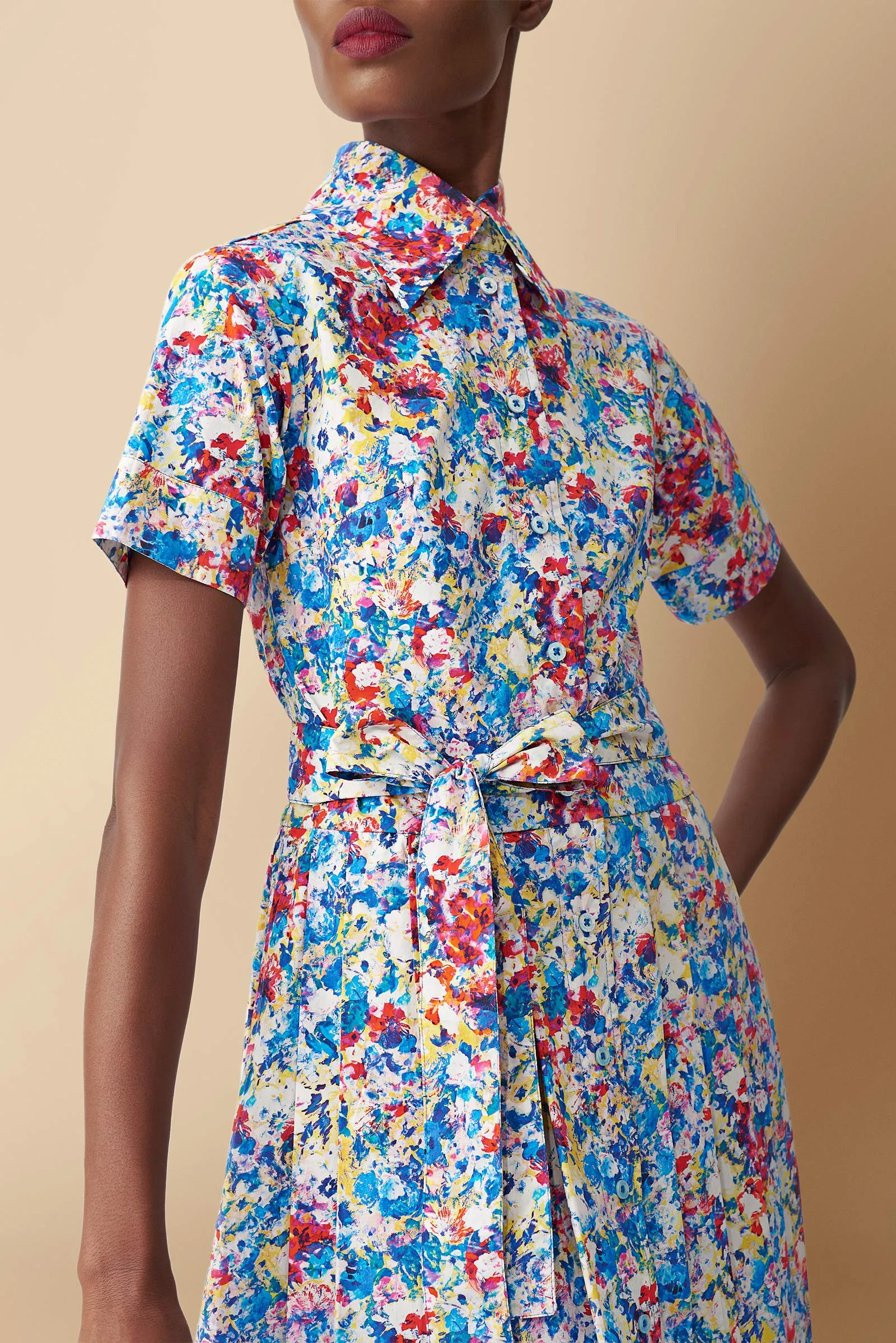 Pendo Floral Printed Cotton Poplin Shirtdress in Blue