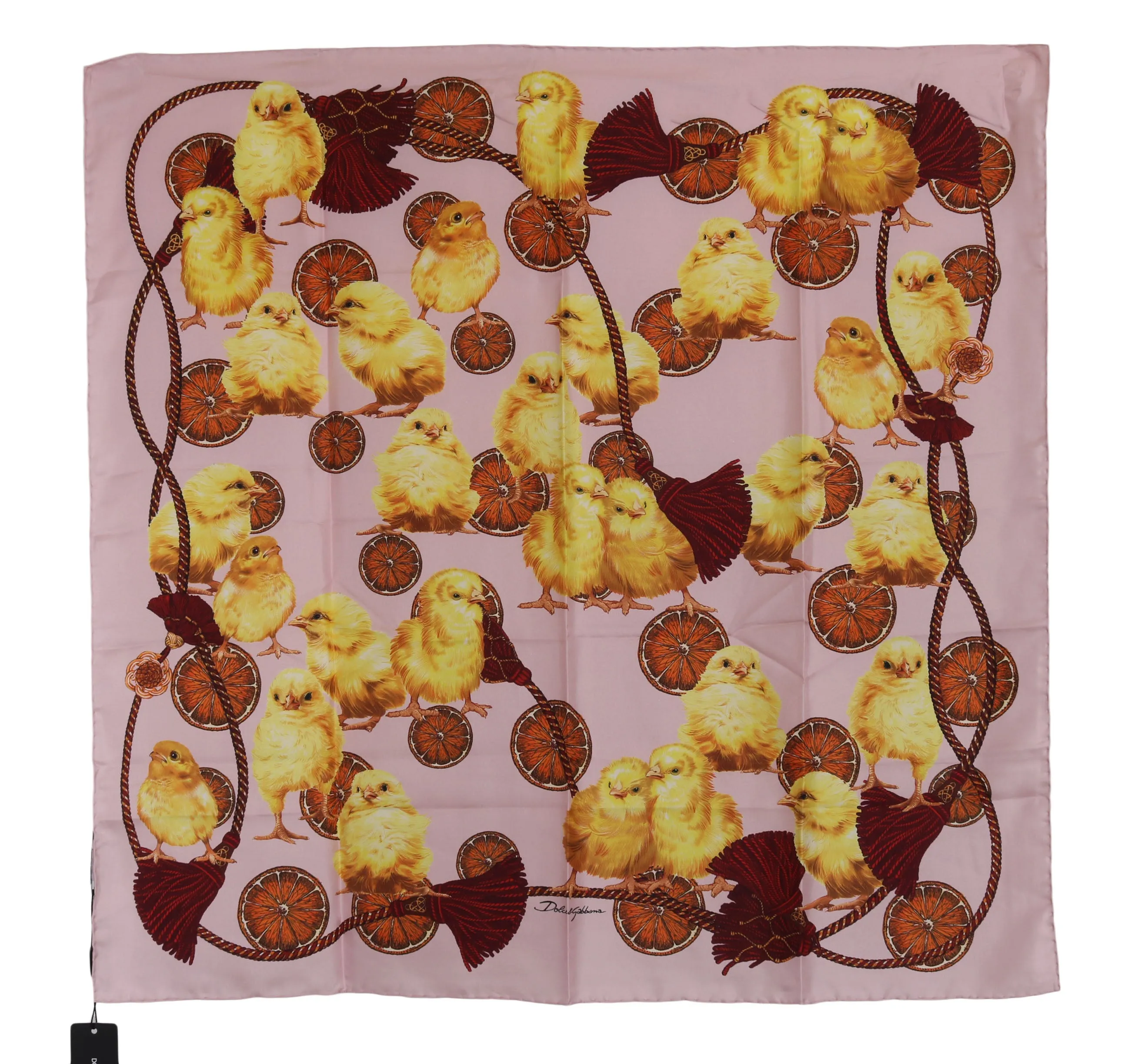 Pink Baby Chick Tassel Silk Square Scarf