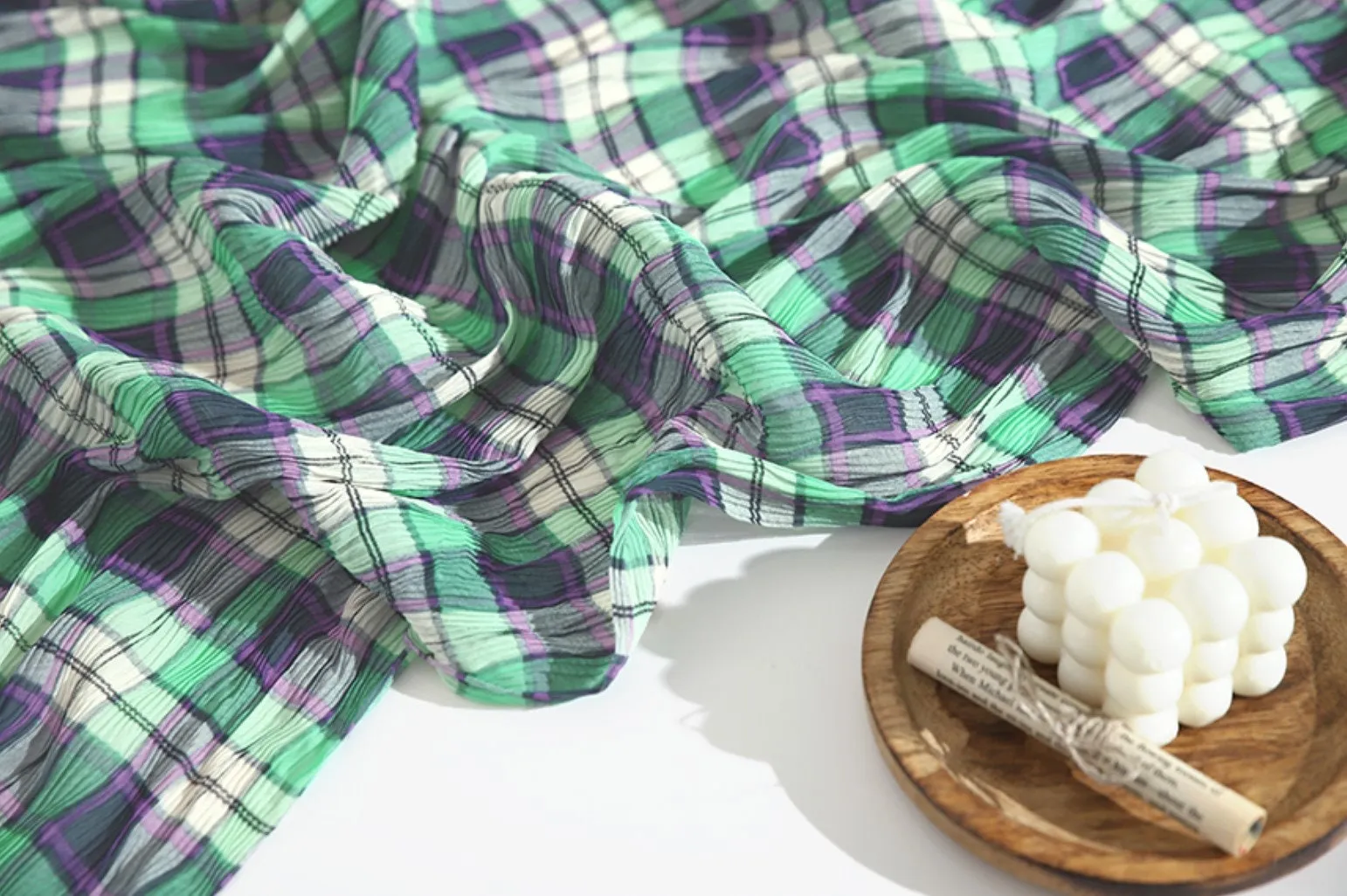 Plaid Checkered Poly Wide Width Fabric with Ribbed Wave Pleats - In Mint Green - Quality Korean Fabric By the Yard - 53725GJ