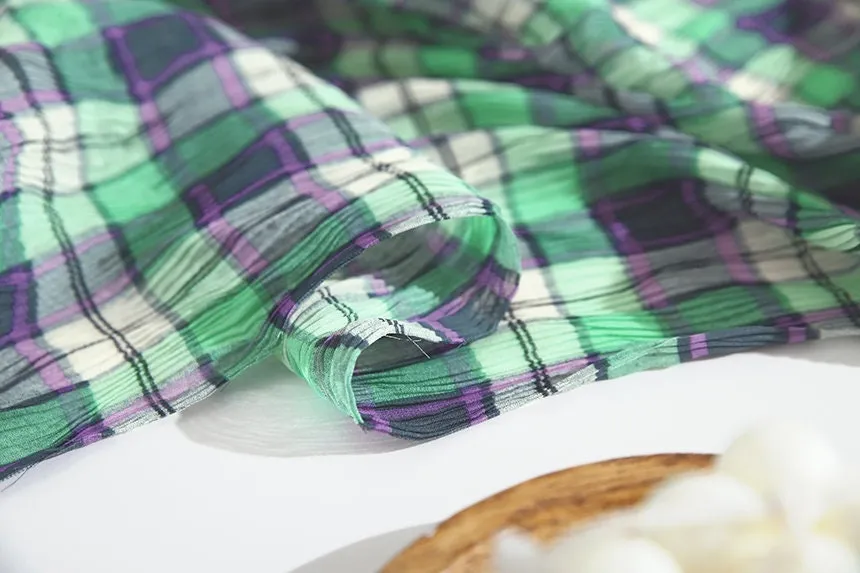 Plaid Checkered Poly Wide Width Fabric with Ribbed Wave Pleats - In Mint Green - Quality Korean Fabric By the Yard - 53725GJ