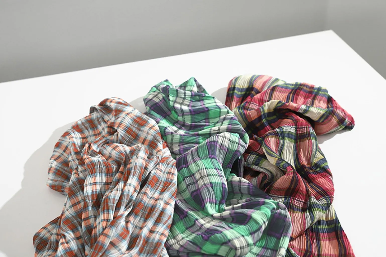 Plaid Checkered Poly Wide Width Fabric with Ribbed Wave Pleats - In Mint Green - Quality Korean Fabric By the Yard - 53725GJ