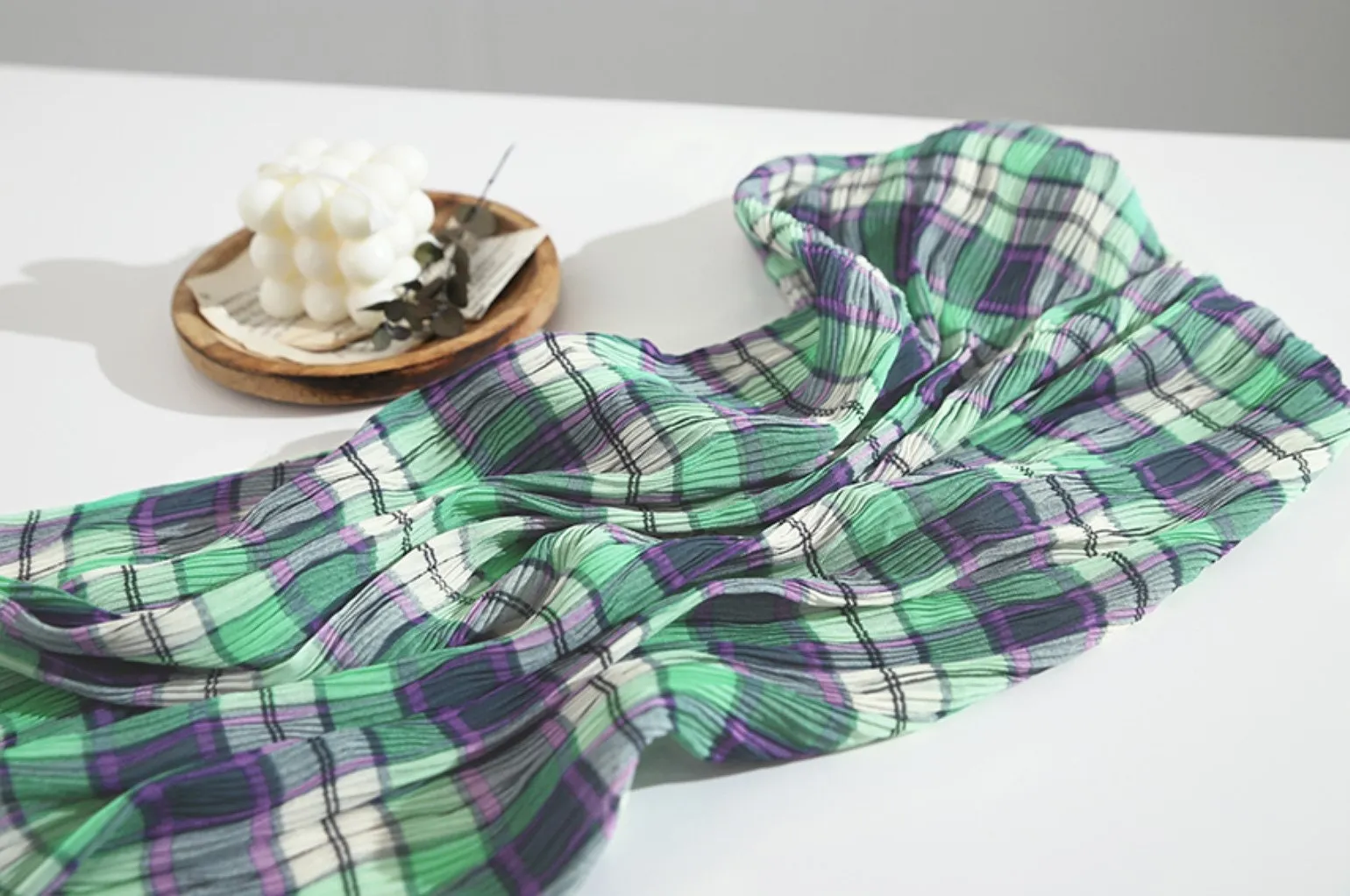 Plaid Checkered Poly Wide Width Fabric with Ribbed Wave Pleats - In Mint Green - Quality Korean Fabric By the Yard - 53725GJ