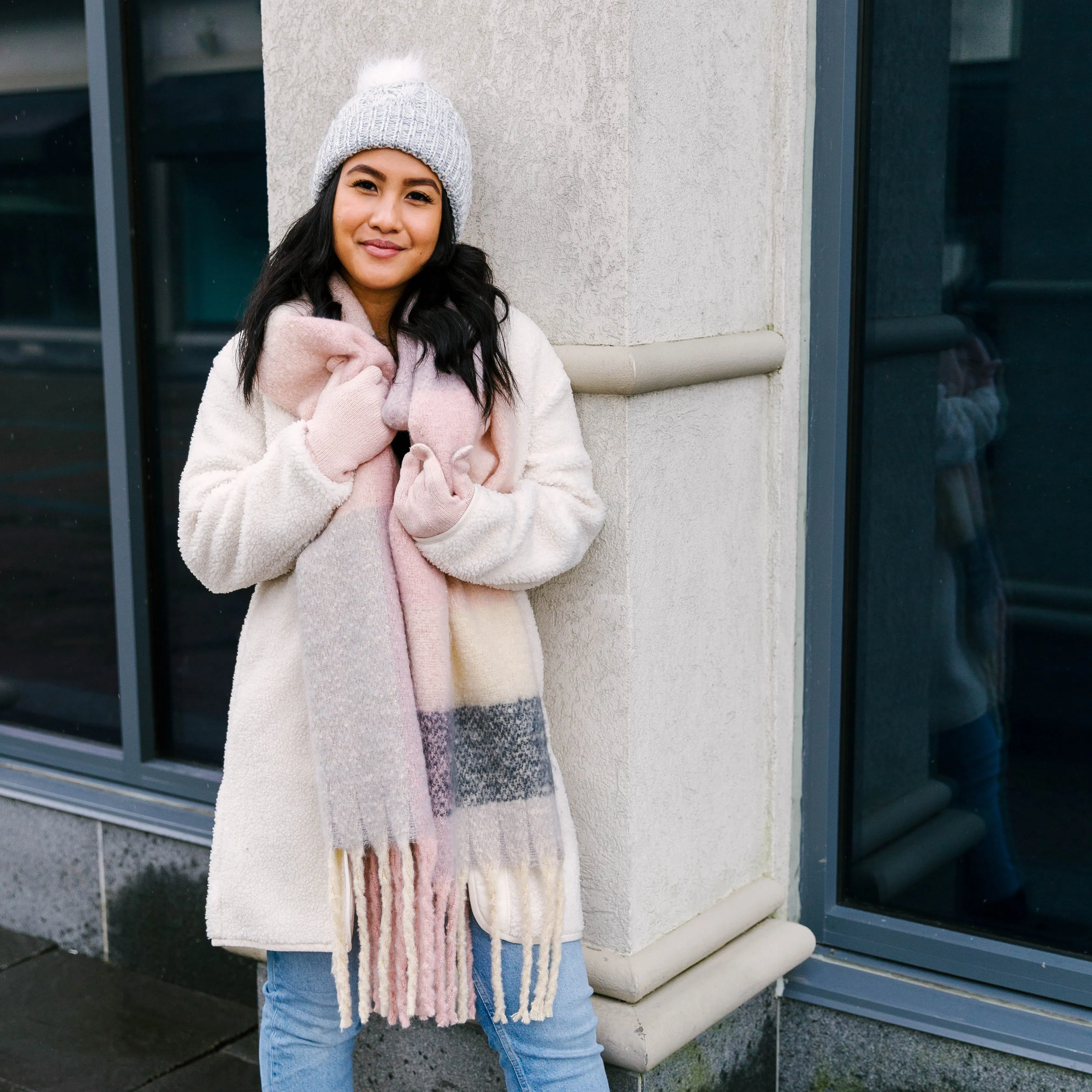 Plaid Fringed Blanket Scarf | Blush