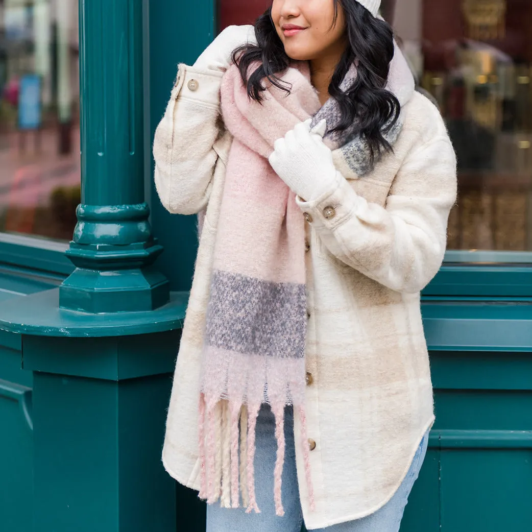 Plaid Fringed Blanket Scarf | Blush