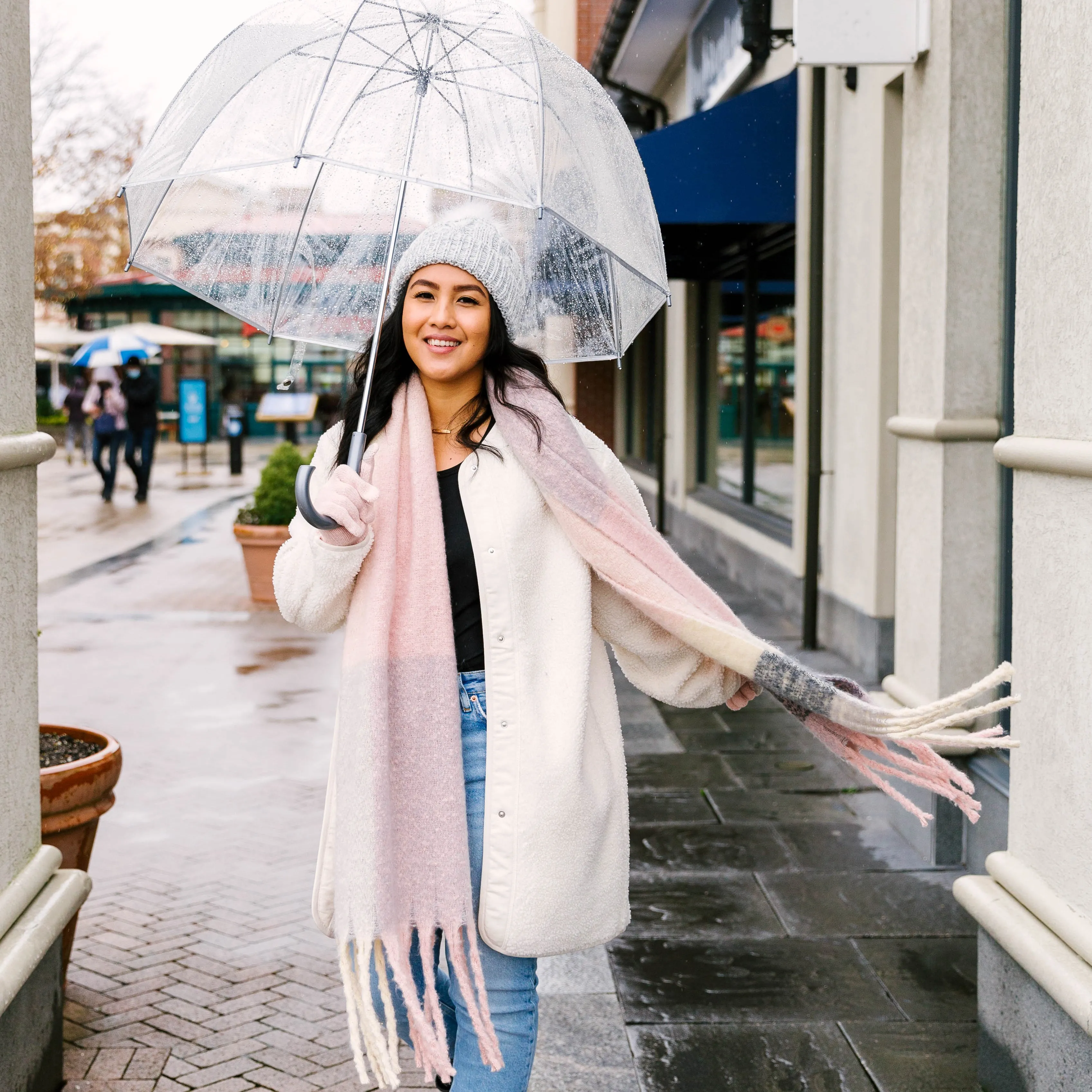 Plaid Fringed Blanket Scarf | Blush