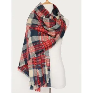 Plaid Pattern Oblong Shawl Scarf with Fringed - Red