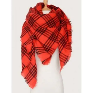 Plaid Pattern Shawl Wrap Blanket Scarf with Fringed - Red