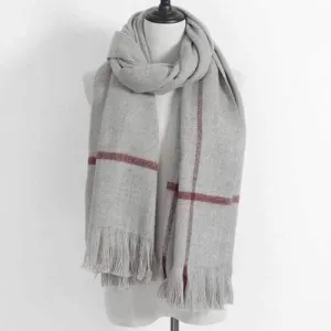 Plaid Print Fringe Winter Scarf - Light Gray