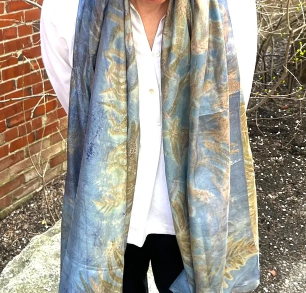 "Botanical Printed" Silk Scarf, with REAL vegetal imprints, handmade in Cambodia