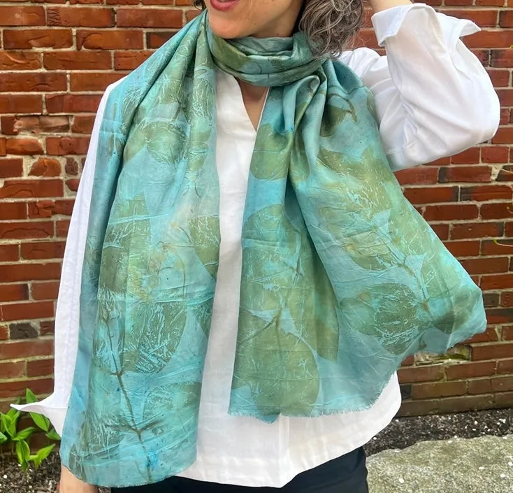 "Botanical Printed" Silk Scarf, with REAL vegetal imprints, handmade in Cambodia