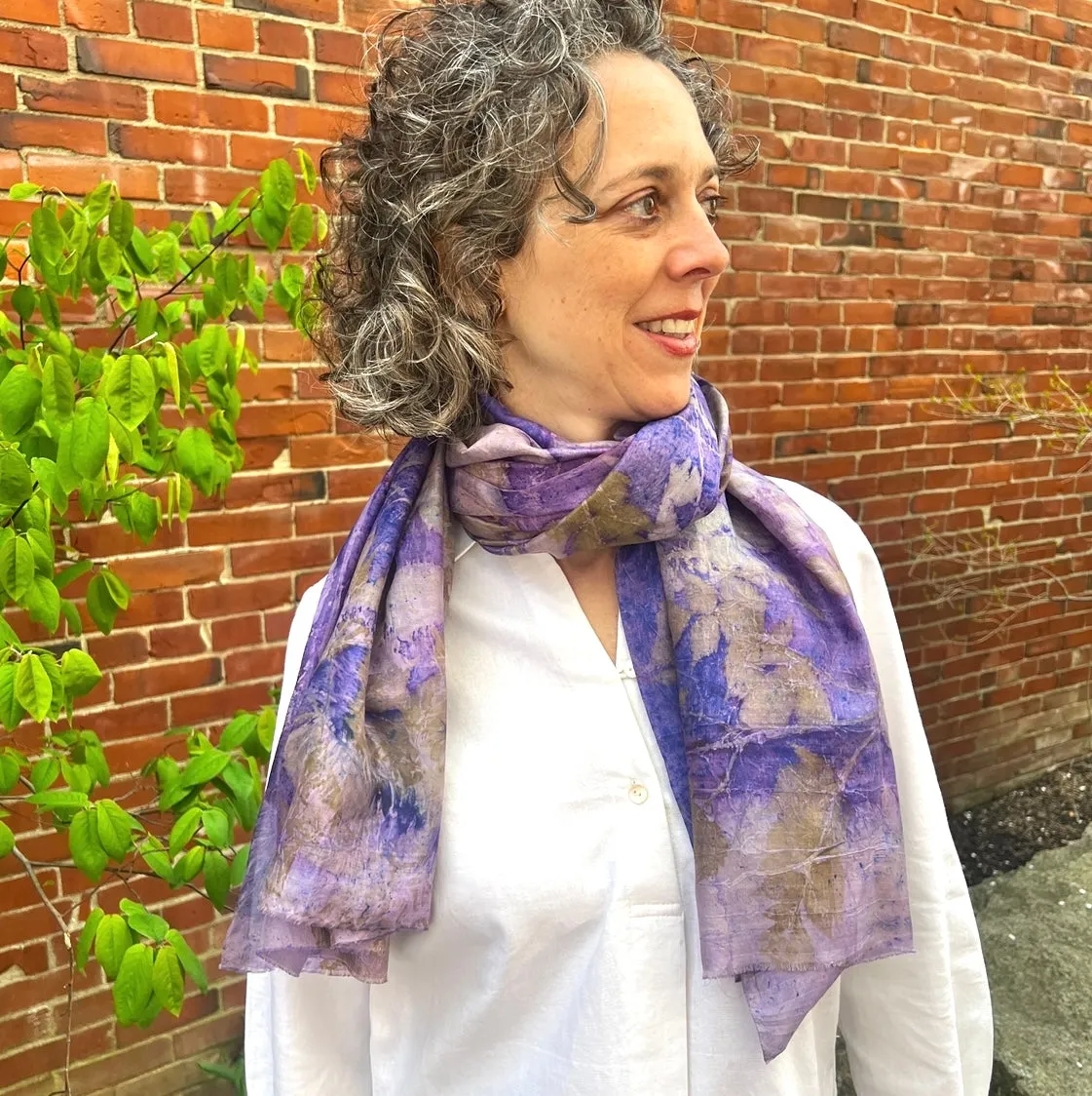 "Botanical Printed" Silk Scarf, with REAL vegetal imprints, handmade in Cambodia