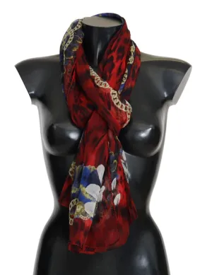 Red Blue Silk Gold Baroque Print Scarf