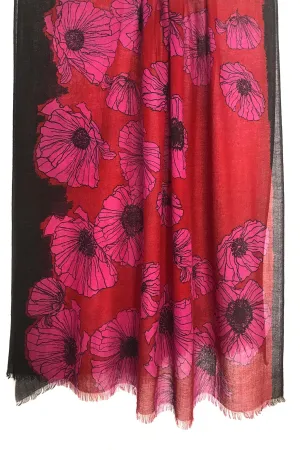 Red Floral Silk Linen Cashmere Scarf