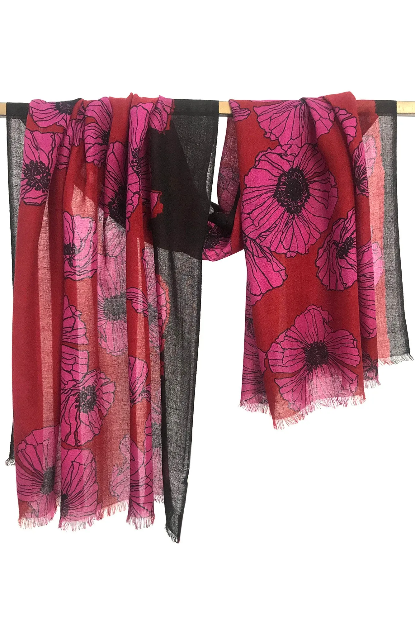Red Floral Silk Linen Cashmere Scarf