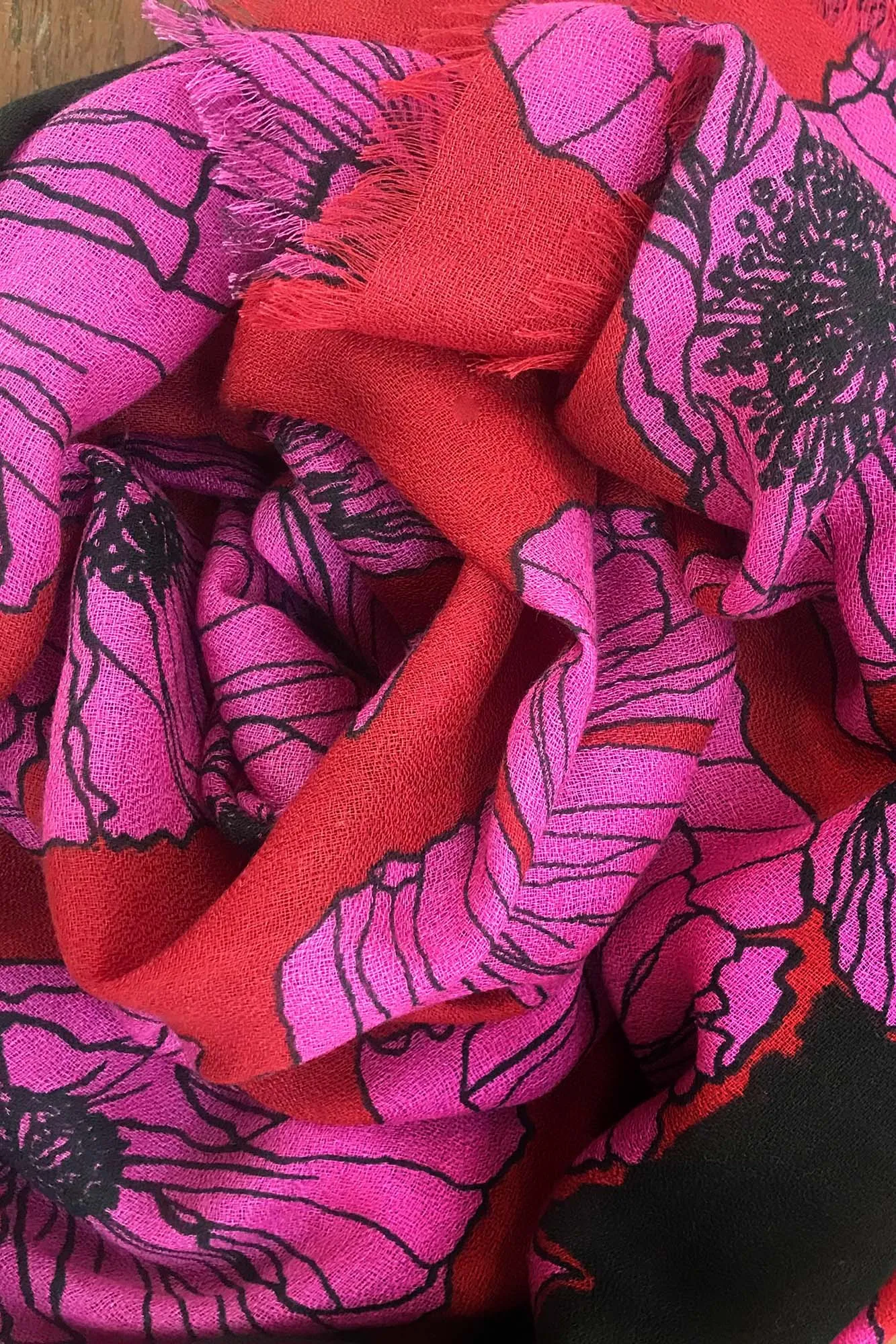 Red Floral Silk Linen Cashmere Scarf
