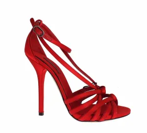 Red Silk Leather Strappy Sandals Shoes