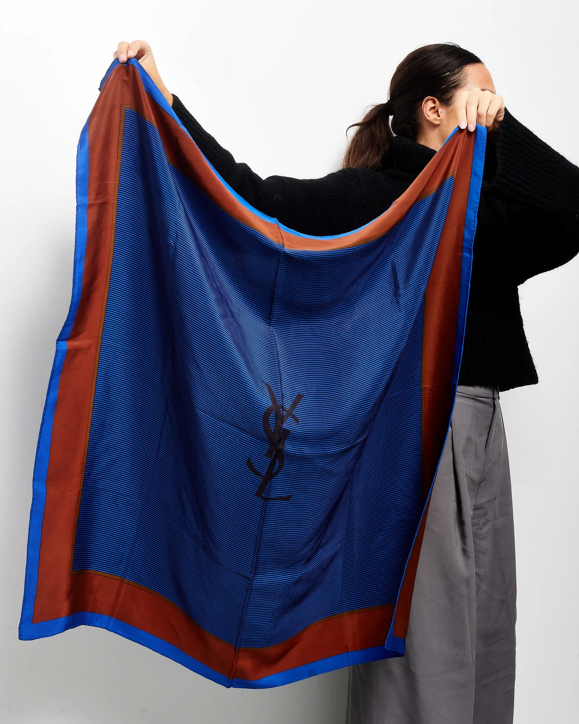 Saint Laurent Blue & Brown YSL Logo Silk Scarf