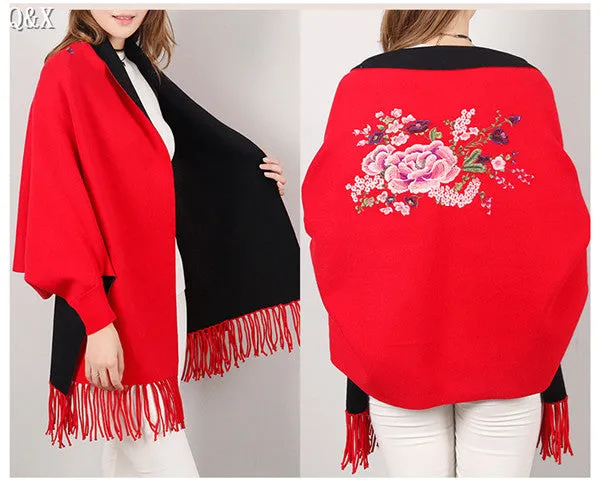 SC15 2017 Scarf Winter Faux Cashmere Poncho Women Solid Female Long Sleeves Wrap Vintage Shawl With Back Embroidered Floral
