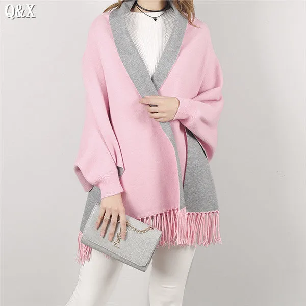 SC15 2017 Scarf Winter Faux Cashmere Poncho Women Solid Female Long Sleeves Wrap Vintage Shawl With Back Embroidered Floral