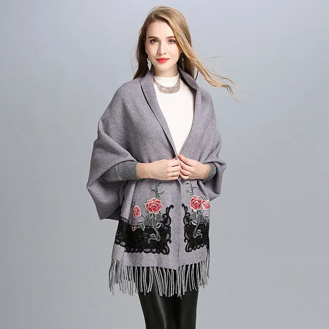 SC15 2017 Scarf Winter Faux Cashmere Poncho Women Solid Female Long Sleeves Wrap Vintage Shawl With Back Embroidered Floral