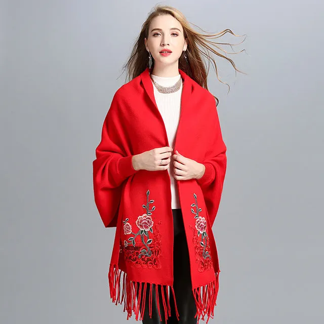 SC15 2017 Scarf Winter Faux Cashmere Poncho Women Solid Female Long Sleeves Wrap Vintage Shawl With Back Embroidered Floral