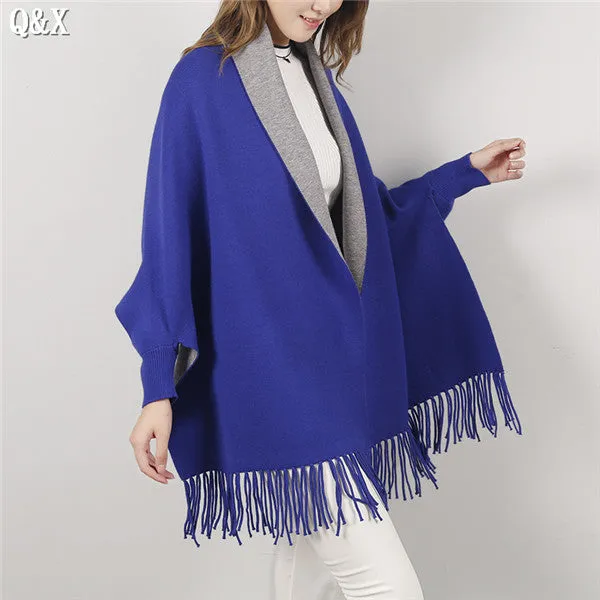 SC15 2017 Scarf Winter Faux Cashmere Poncho Women Solid Female Long Sleeves Wrap Vintage Shawl With Back Embroidered Floral
