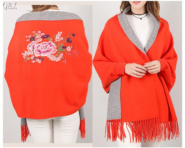 SC15 2017 Scarf Winter Faux Cashmere Poncho Women Solid Female Long Sleeves Wrap Vintage Shawl With Back Embroidered Floral