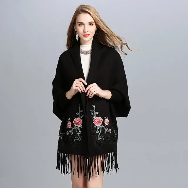 SC15 2017 Scarf Winter Faux Cashmere Poncho Women Solid Female Long Sleeves Wrap Vintage Shawl With Back Embroidered Floral