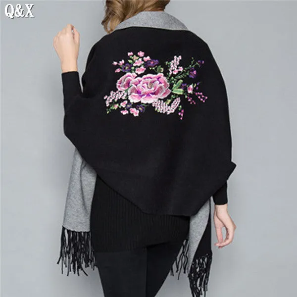 SC15 2017 Scarf Winter Faux Cashmere Poncho Women Solid Female Long Sleeves Wrap Vintage Shawl With Back Embroidered Floral