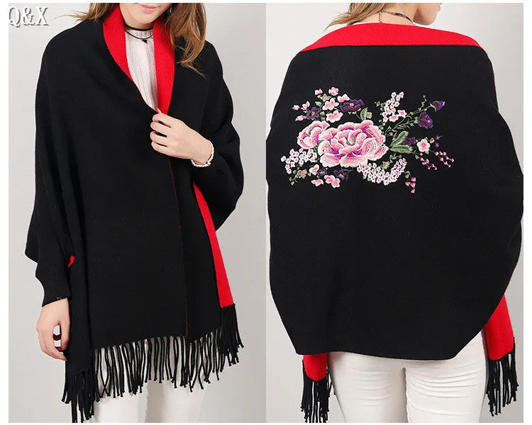 SC15 2017 Scarf Winter Faux Cashmere Poncho Women Solid Female Long Sleeves Wrap Vintage Shawl With Back Embroidered Floral