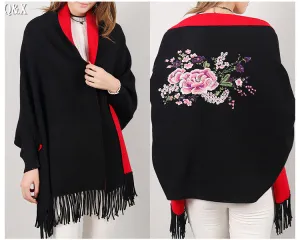 SC15 2017 Scarf Winter Faux Cashmere Poncho Women Solid Female Long Sleeves Wrap Vintage Shawl With Back Embroidered Floral