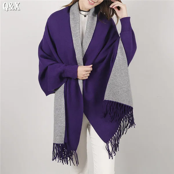 SC15 2017 Scarf Winter Faux Cashmere Poncho Women Solid Female Long Sleeves Wrap Vintage Shawl With Back Embroidered Floral