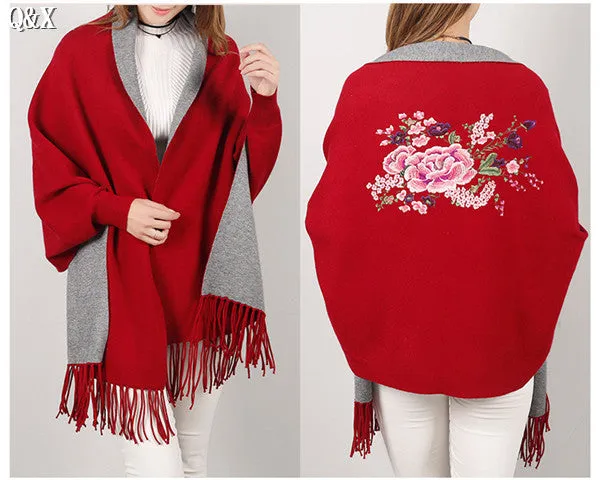 SC15 2017 Scarf Winter Faux Cashmere Poncho Women Solid Female Long Sleeves Wrap Vintage Shawl With Back Embroidered Floral