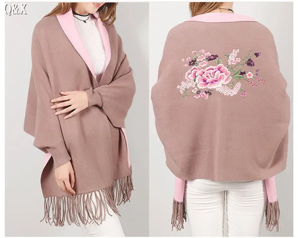 SC15 2017 Scarf Winter Faux Cashmere Poncho Women Solid Female Long Sleeves Wrap Vintage Shawl With Back Embroidered Floral