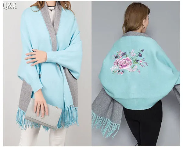 SC15 2017 Scarf Winter Faux Cashmere Poncho Women Solid Female Long Sleeves Wrap Vintage Shawl With Back Embroidered Floral