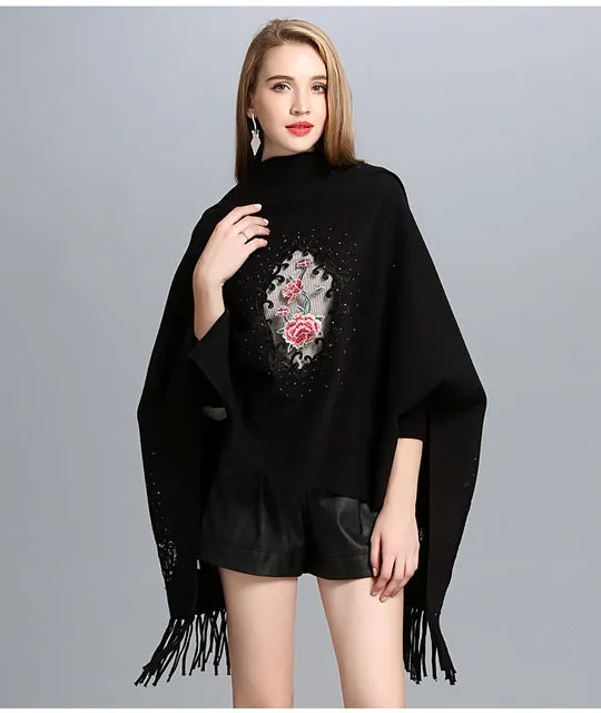 SC15 2017 Scarf Winter Faux Cashmere Poncho Women Solid Female Long Sleeves Wrap Vintage Shawl With Back Embroidered Floral