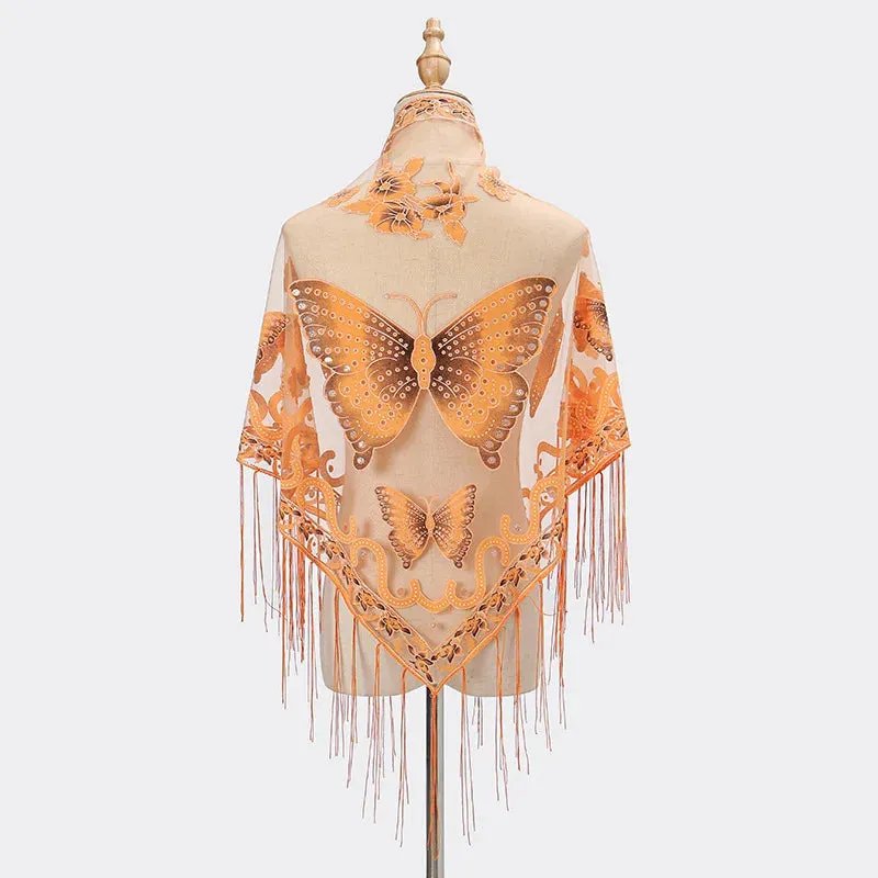 Sexy Hollow Tassel Triangular Lace Scarf Butterfly Printed Wedding Cloak Cape Women Summer Long Sun Beach Towel Sunscreen Shawl