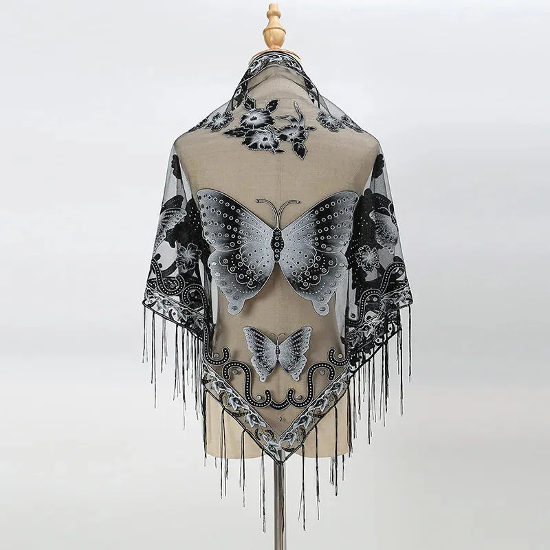 Sexy Hollow Tassel Triangular Lace Scarf Butterfly Printed Wedding Cloak Cape Women Summer Long Sun Beach Towel Sunscreen Shawl