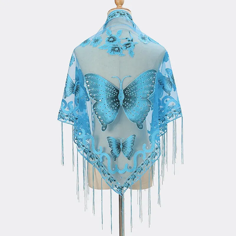 Sexy Hollow Tassel Triangular Lace Scarf Butterfly Printed Wedding Cloak Cape Women Summer Long Sun Beach Towel Sunscreen Shawl