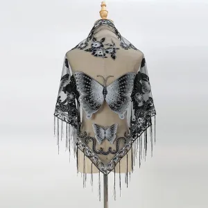 Sexy Hollow Tassel Triangular Lace Scarf Butterfly Printed Wedding Cloak Cape Women Summer Long Sun Beach Towel Sunscreen Shawl
