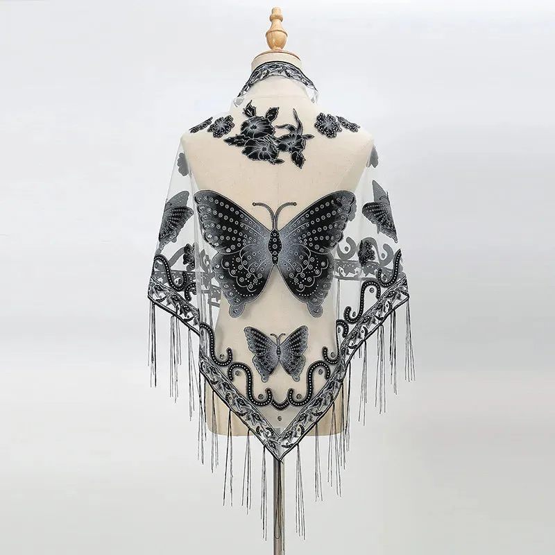 Sexy Hollow Tassel Triangular Lace Scarf Butterfly Printed Wedding Cloak Cape Women Summer Long Sun Beach Towel Sunscreen Shawl