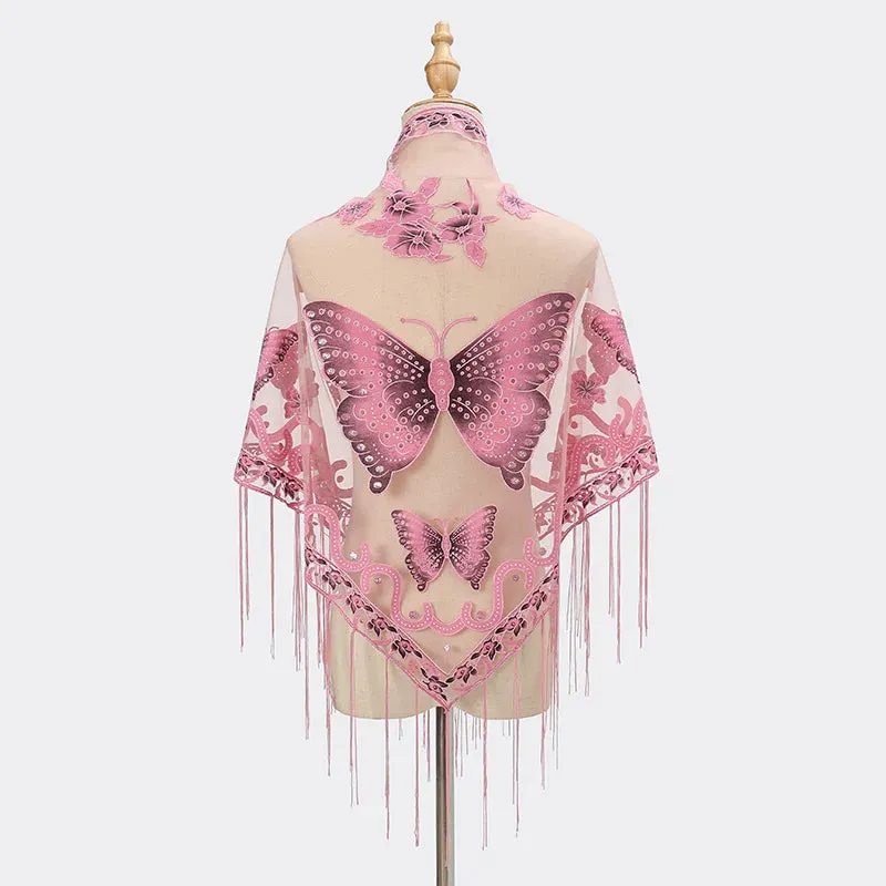 Sexy Hollow Tassel Triangular Lace Scarf Butterfly Printed Wedding Cloak Cape Women Summer Long Sun Beach Towel Sunscreen Shawl