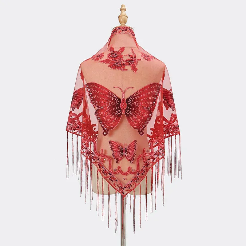 Sexy Hollow Tassel Triangular Lace Scarf Butterfly Printed Wedding Cloak Cape Women Summer Long Sun Beach Towel Sunscreen Shawl