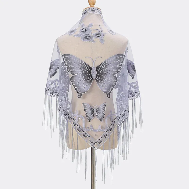 Sexy Hollow Tassel Triangular Lace Scarf Butterfly Printed Wedding Cloak Cape Women Summer Long Sun Beach Towel Sunscreen Shawl