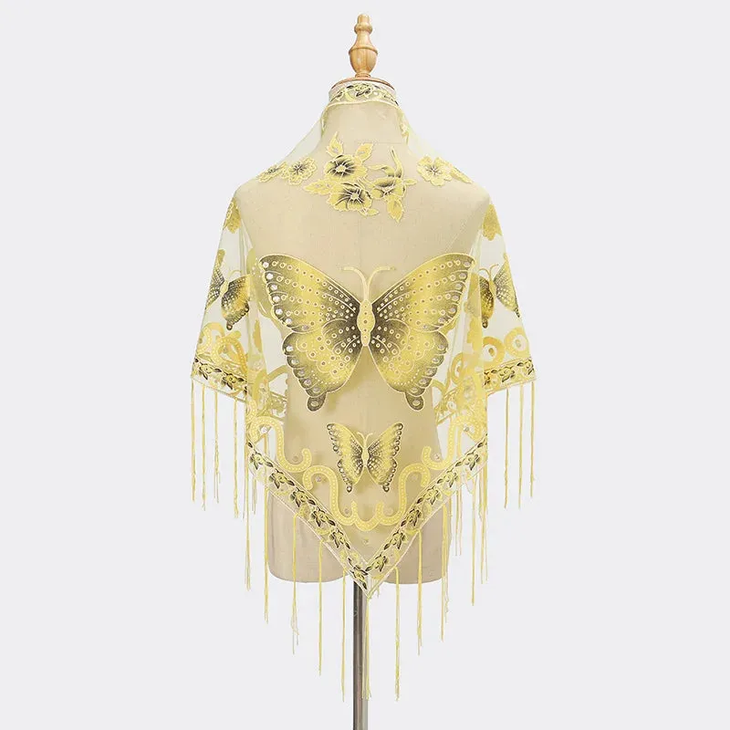 Sexy Hollow Tassel Triangular Lace Scarf Butterfly Printed Wedding Cloak Cape Women Summer Long Sun Beach Towel Sunscreen Shawl