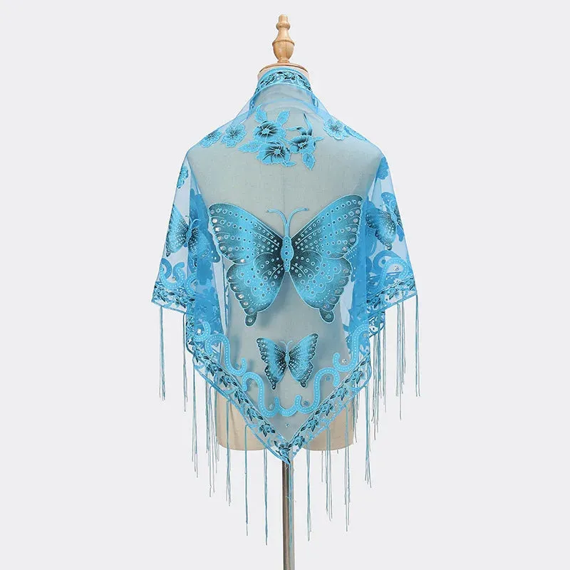 Sexy Hollow Tassel Triangular Lace Scarf Butterfly Printed Wedding Cloak Cape Women Summer Long Sun Beach Towel Sunscreen Shawl
