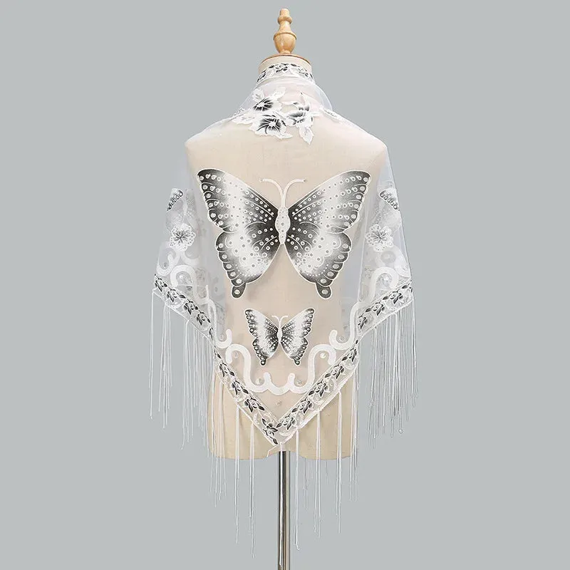 Sexy Hollow Tassel Triangular Lace Scarf Butterfly Printed Wedding Cloak Cape Women Summer Long Sun Beach Towel Sunscreen Shawl