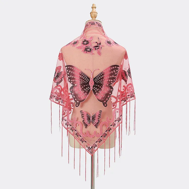 Sexy Hollow Tassel Triangular Lace Scarf Butterfly Printed Wedding Cloak Cape Women Summer Long Sun Beach Towel Sunscreen Shawl